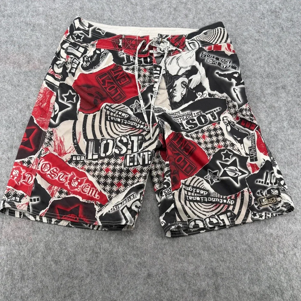 Lost Enterprises Board Shorts Mens 34 Red Black White Graphic Punk Surf Trunks